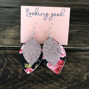 Glitter and Floral Faux Leather Earrings